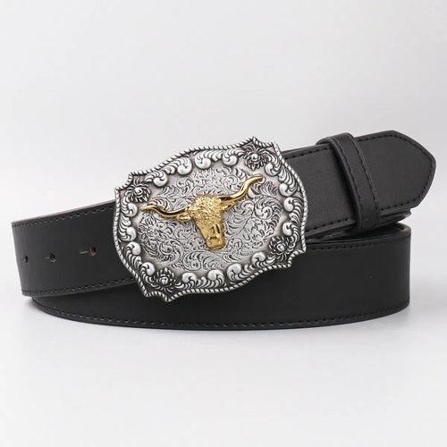 Black Western belt with a large antique silver filigree buckle centered on a gold longhorn steer head, shown flat