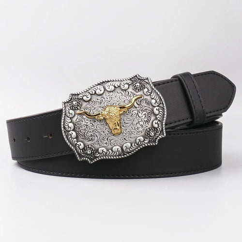 Close-up of the antique silver tone filigree scrollwork framing the gold tone longhorn steer head buckle